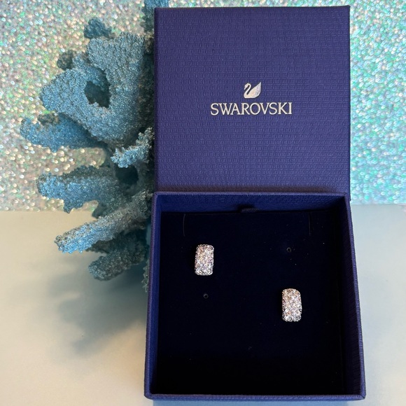Authentic Stamped Swarovski Pave Clear Crystals Rhodium Plated Huggie Earrings - Picture 3 of 14
